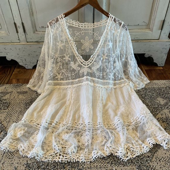 Shop Fig Tops - New White Lace Crochet Boho Folk Tunic Blouse Top Cover-Up Womens